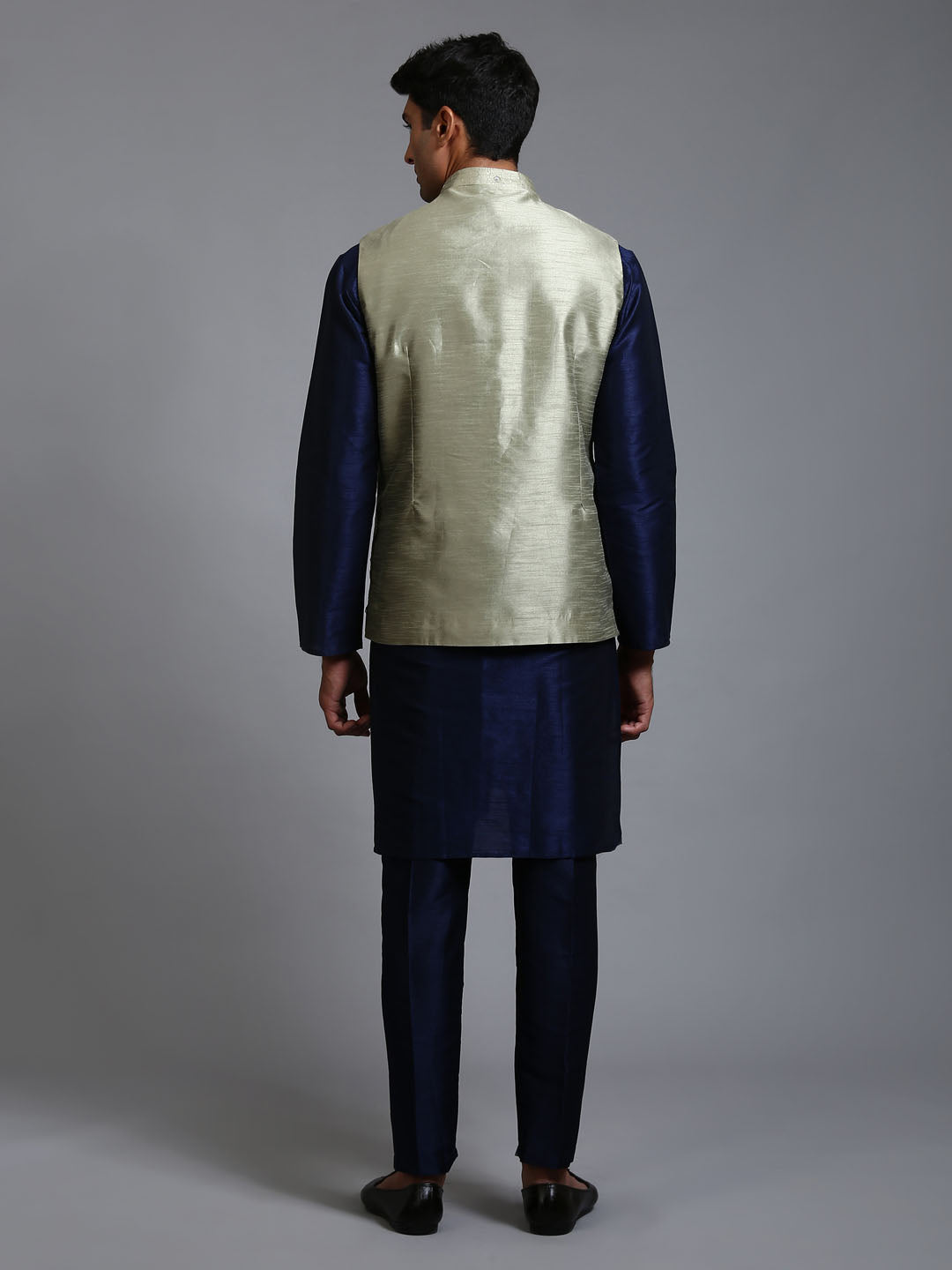 VM BY VASTRAMAY Men's Mehndi Green Embellished Jacket with Navy Blue Kurta Pant Set