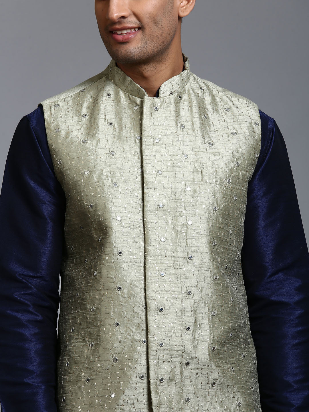 VM BY VASTRAMAY Men's Mehndi Green Embellished Jacket with Navy Blue Kurta Pant Set