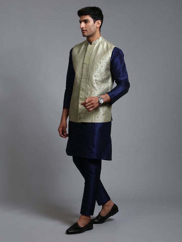 VM BY VASTRAMAY Men's Mehndi Green Embellished Jacket with Navy Blue Kurta Pant Set