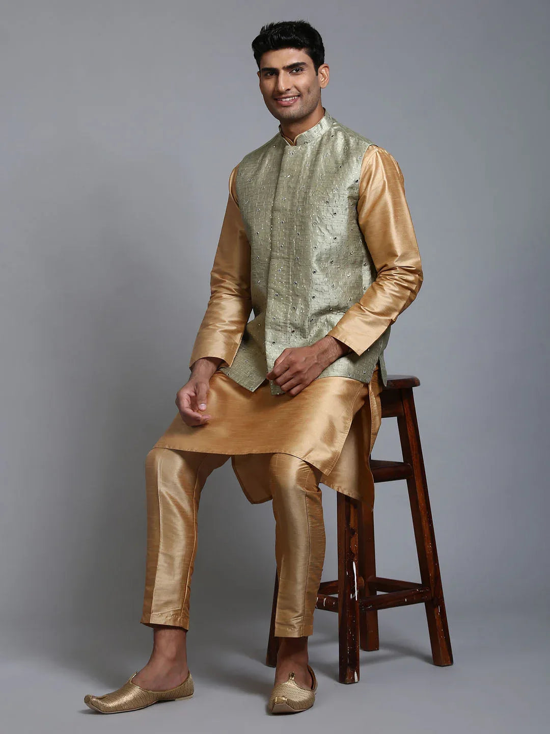 Men's Mehndi Green Embellished Jacket With Rose Gold Kurta Pant Set