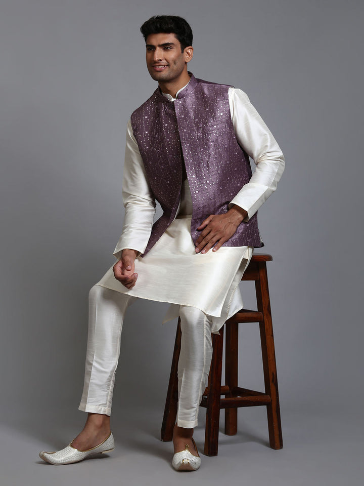 VM BY VASTRAMAY Men's Purple Embellished Jacket with Cream Kurta Pant Set