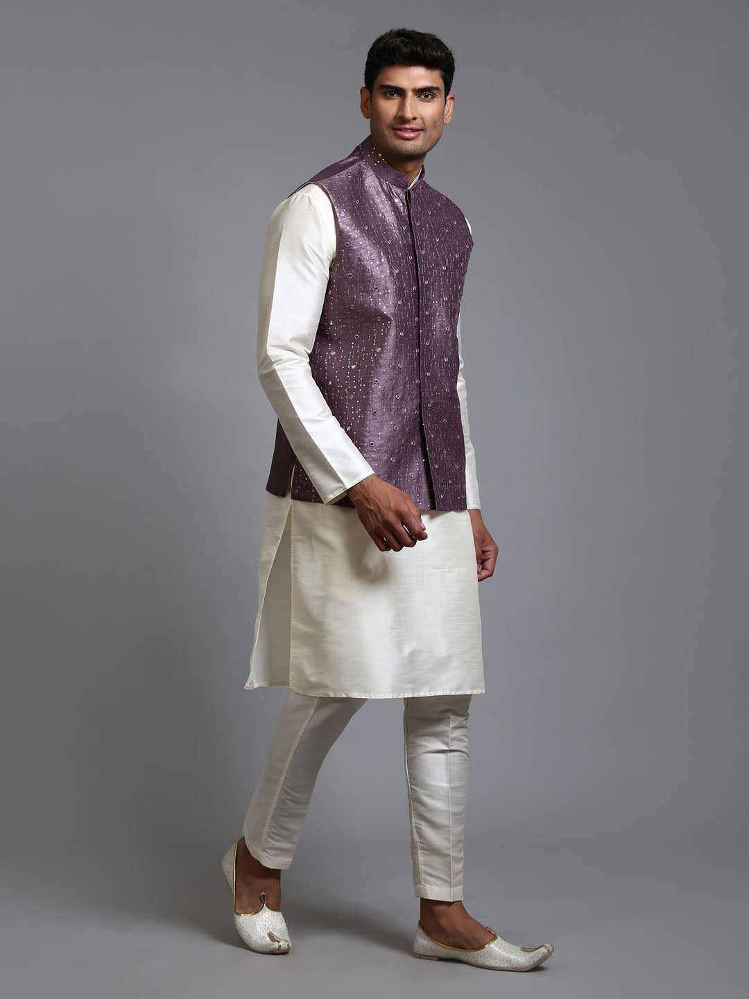 VM BY VASTRAMAY Men's Purple Embellished Jacket with Cream Kurta Pant Set