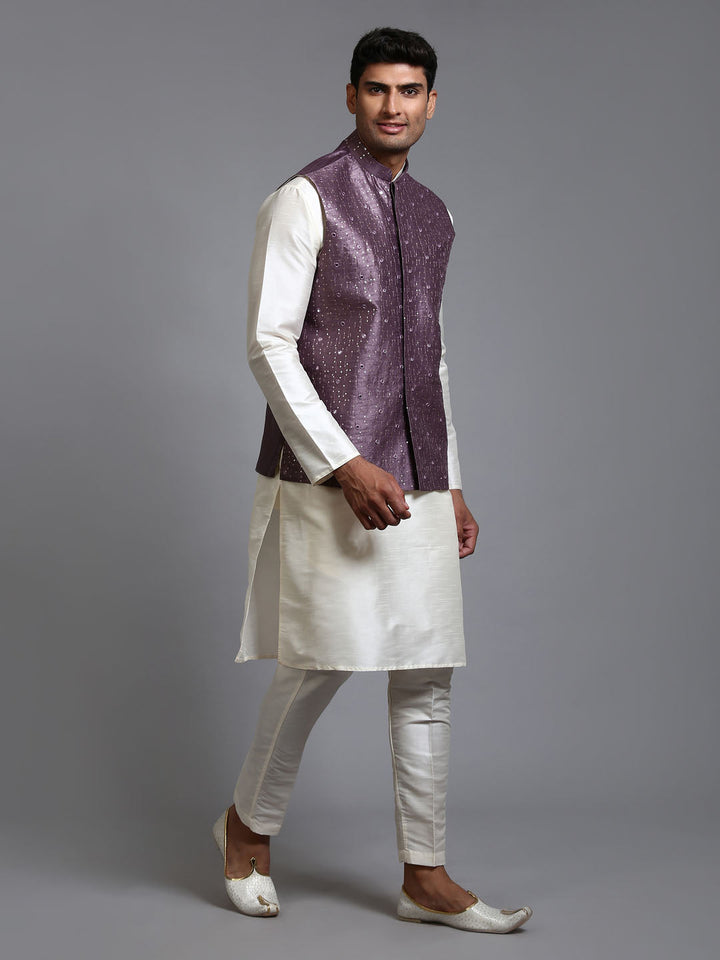 VM BY VASTRAMAY Men's Purple Embellished Jacket with Cream Kurta Pant Set