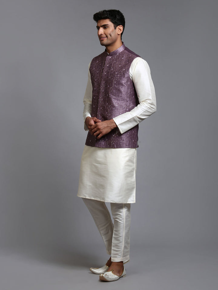 VM BY VASTRAMAY Men's Purple Embellished Jacket with Cream Kurta Pant Set