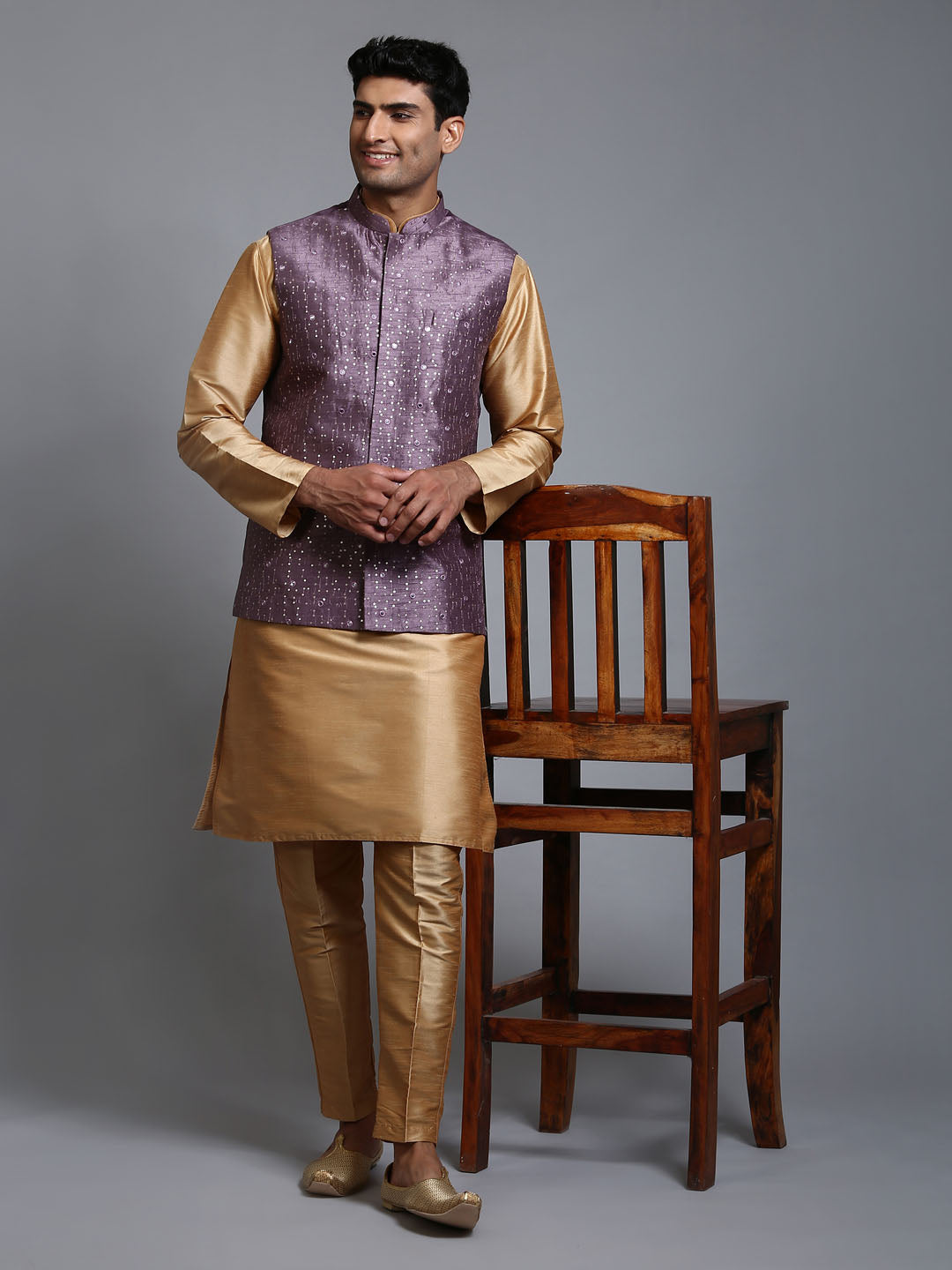 VM BY VASTRAMAY Men's Purple Embellished Jacket with Rose Gold Kurta Pant Set