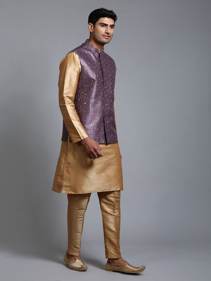 VM BY VASTRAMAY Men's Purple Embellished Jacket with Rose Gold Kurta Pant Set