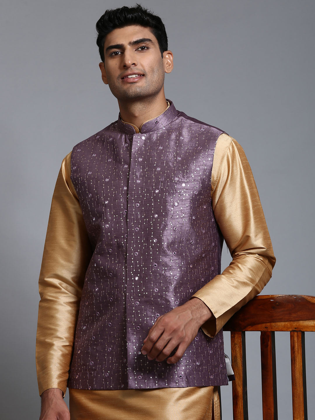 VM BY VASTRAMAY Men's Purple Embellished Jacket with Rose Gold Kurta Pant Set