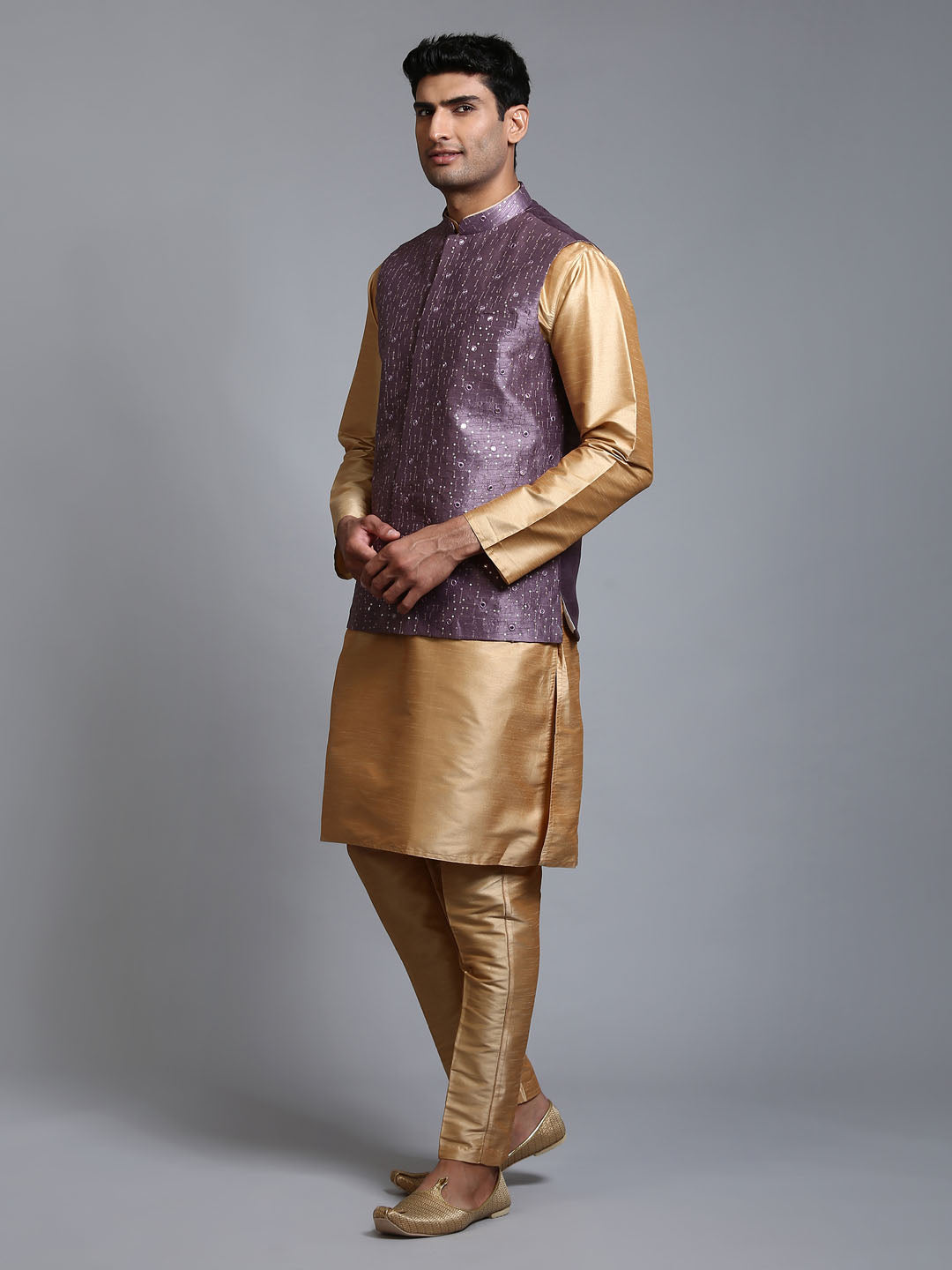 VM BY VASTRAMAY Men's Purple Embellished Jacket with Rose Gold Kurta Pant Set