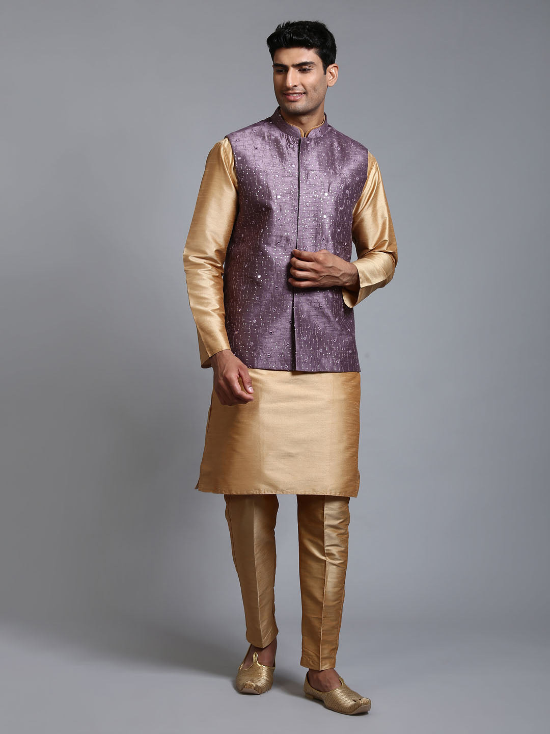 VM BY VASTRAMAY Men's Purple Embellished Jacket with Rose Gold Kurta Pant Set