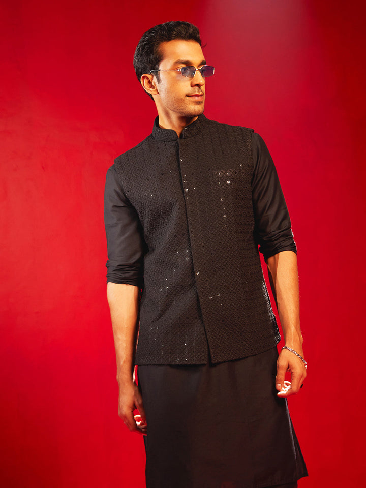 VM BY VASTRAMAY Men's Black Schiflli Nehru Jacket with intricate floral embroidery and mandarin collar