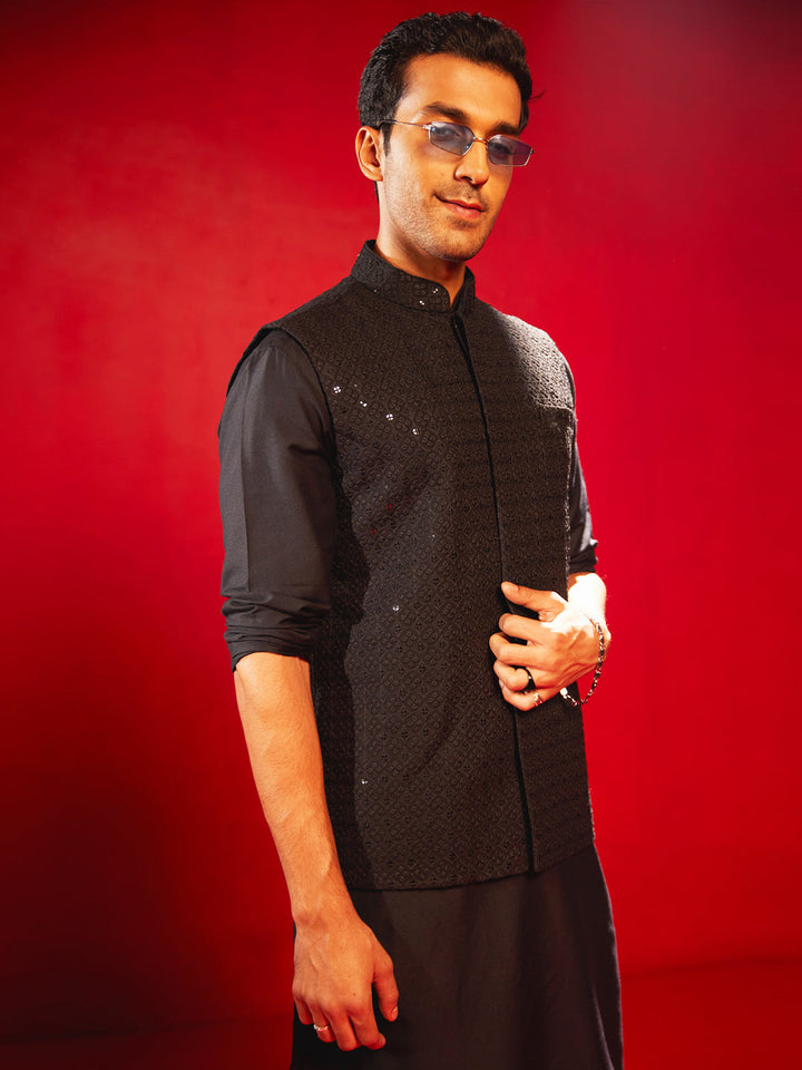 VM BY VASTRAMAY Men's Black Schiflli Nehru Jacket with intricate embroidery and mandarin collar for a stylish and traditional look