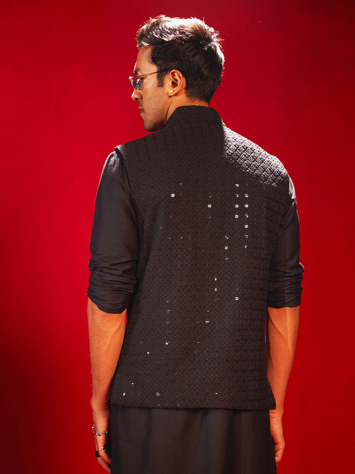 VM BY VASTRAMAY Men's Black Schiflli Nehru Jacket with intricate embroidery and mandarin collar