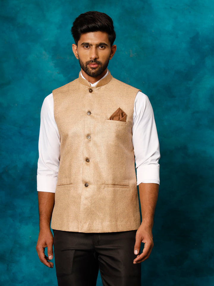 VM BY VASTRAMAY Men's Beige Woven Nehru Jacket with intricate patterns and button detailing