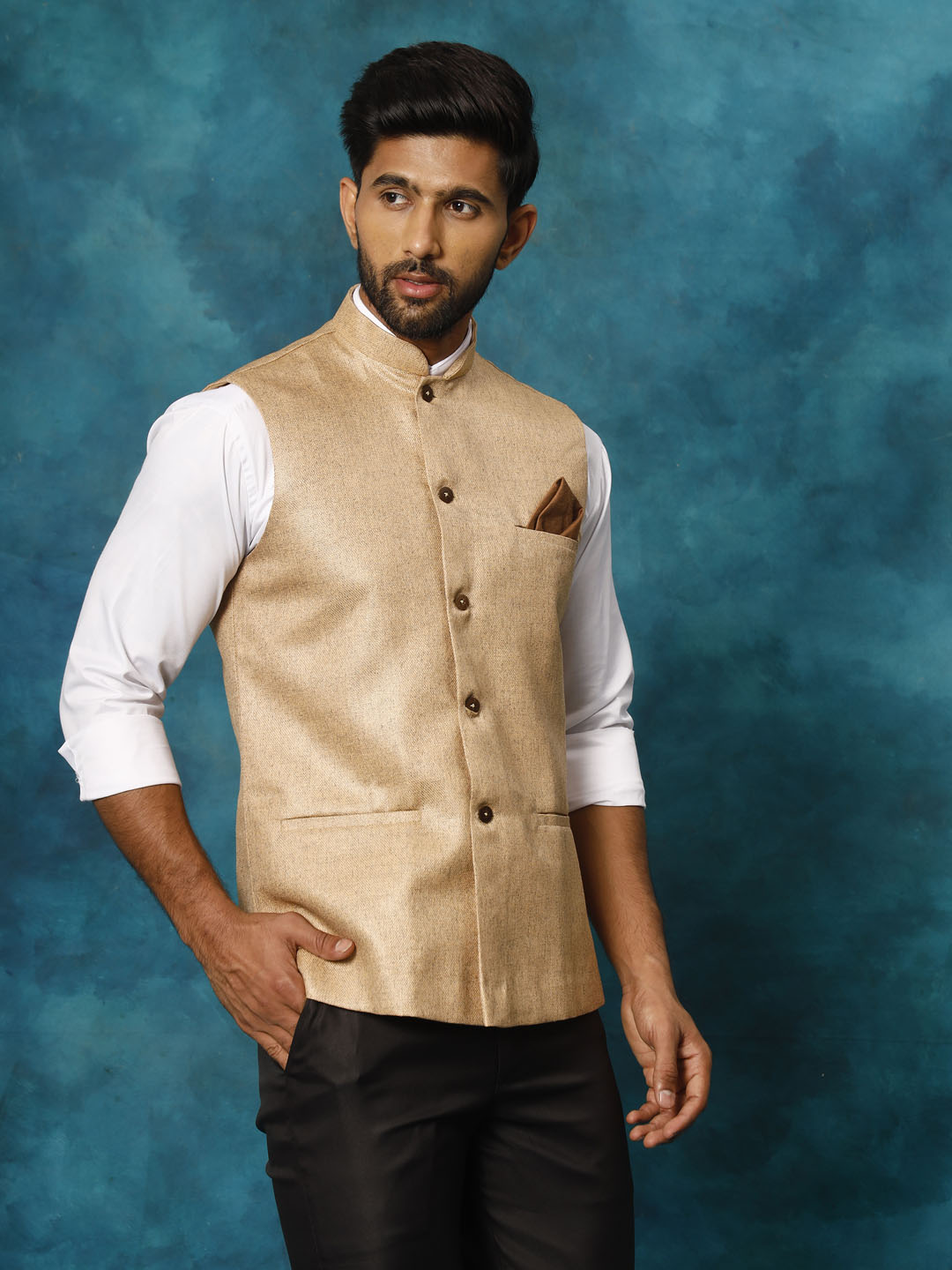 VM BY VASTRAMAY Men's Beige Woven Nehru Jacket