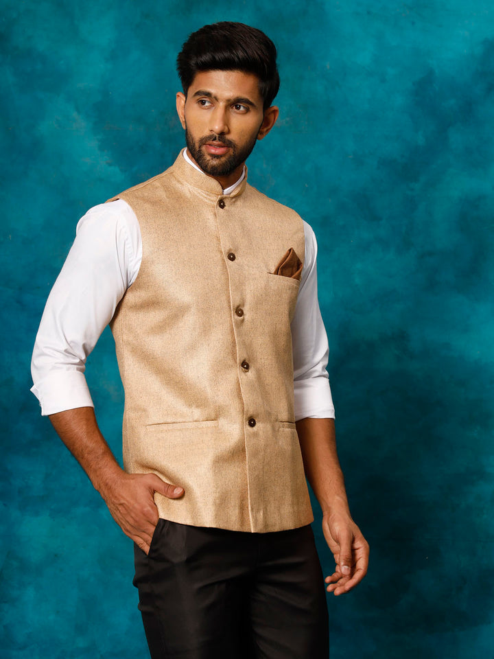 VASTRAMAY Men's Beige Nehru Jacket with Mandarin Collar and Button Detail