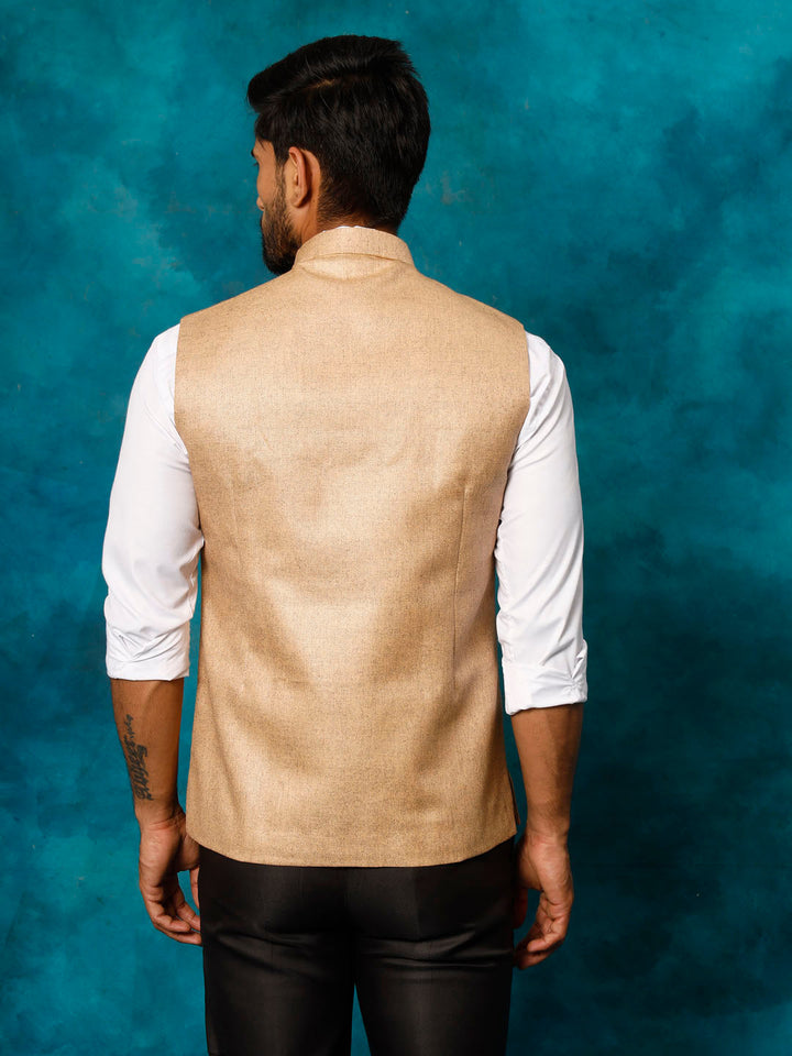 VASTRAMAY Men's Beige Nehru Jacket with mandarin collar and button detailing