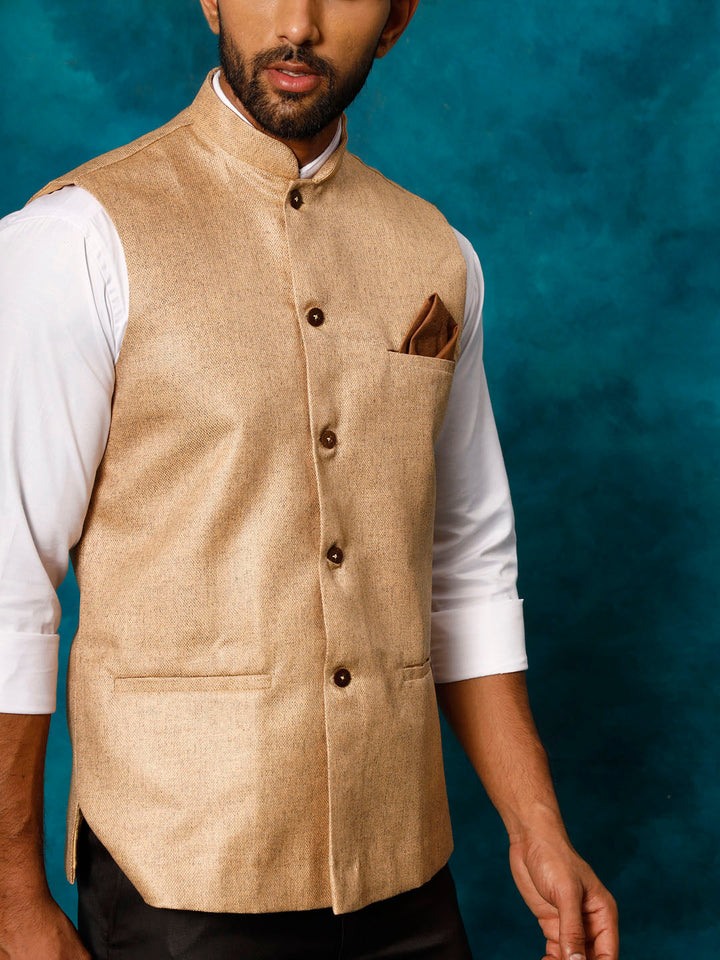 VASTRAMAY Men's Beige Nehru Jacket with Mandarin Collar and Button Detailing