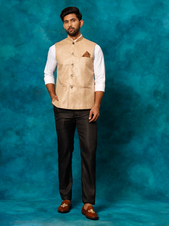 VASTRAMAY Men's Beige Nehru Jacket - Traditional Indian ethnic wear for men