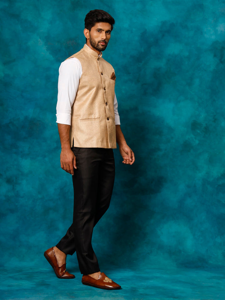 Men's Nehru jacket in beige with a textured woven pattern and mandarin collar