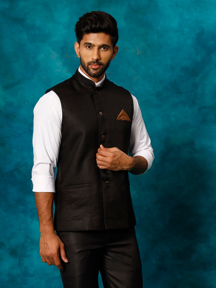 VM BY VASTRAMAY Men's Black Woven Nehru Jacket with Mandarin collar and button detailing