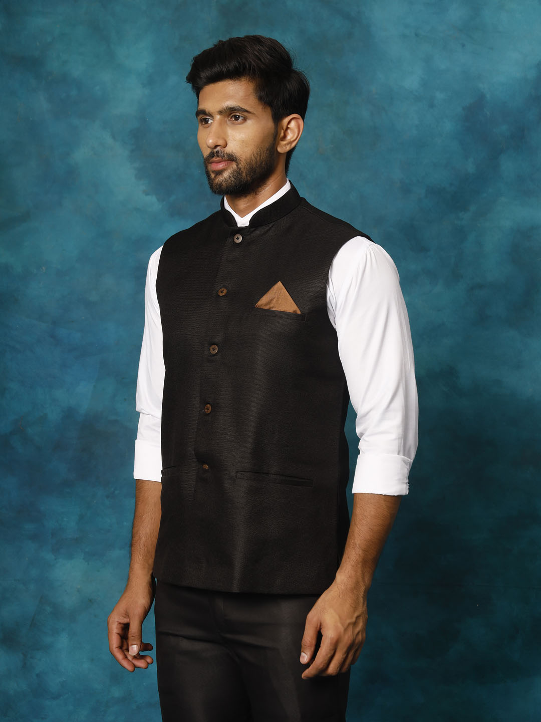 VM BY VASTRAMAY Men's Black Woven Nehru Jacket