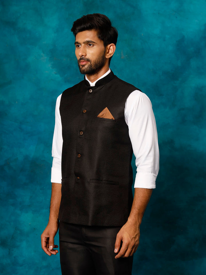  Elegant and Stylish Men's Black Nehru Jacket with Intricate Woven Design