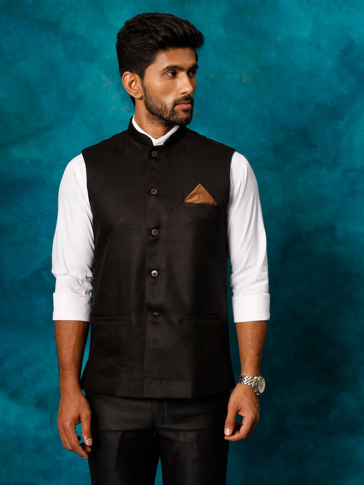 VM BY VASTRAMAY Men's Black Woven Nehru Jacket