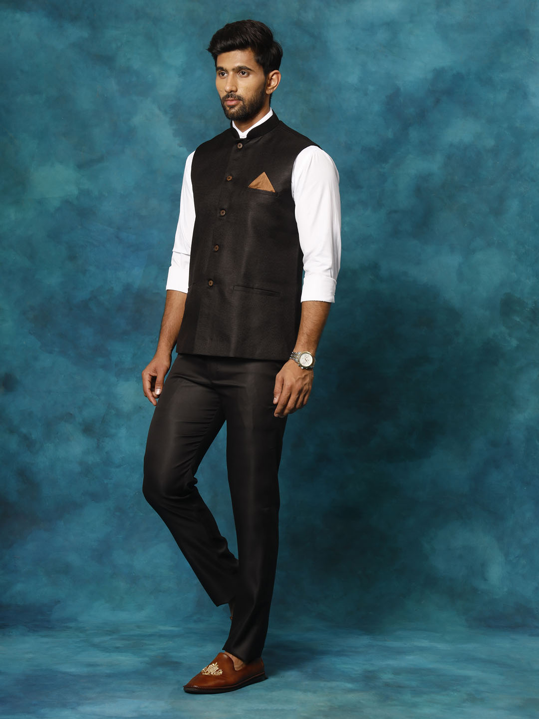 VM BY VASTRAMAY Men's Black Woven Nehru Jacket with mandarin collar and button detailing