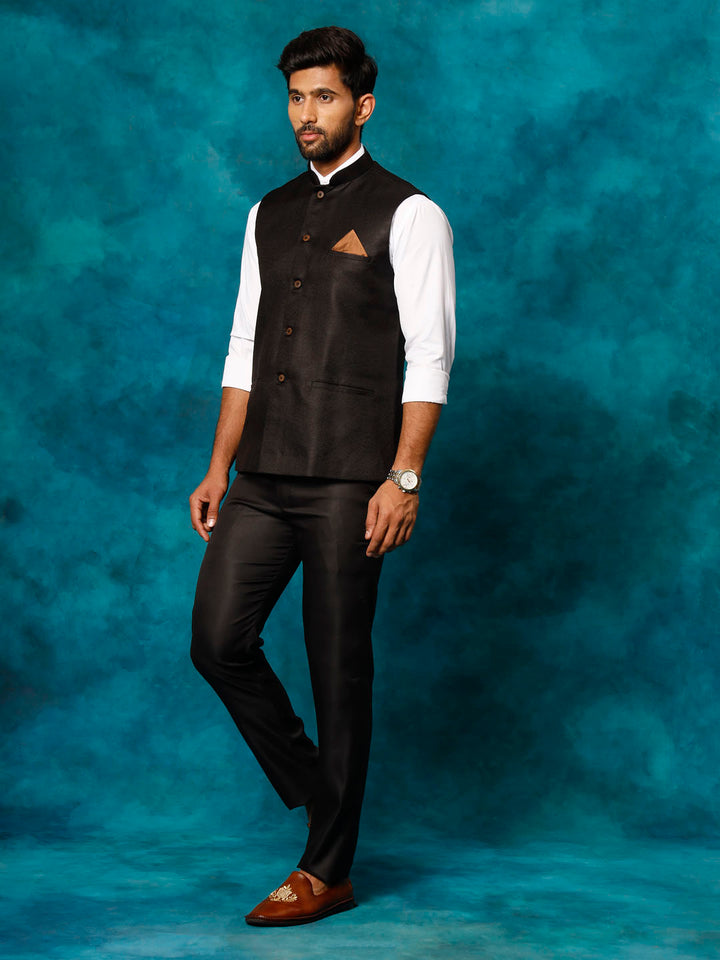 VM BY VASTRAMAY Men's Black Woven Nehru Jacket with mandarin collar and button detailing