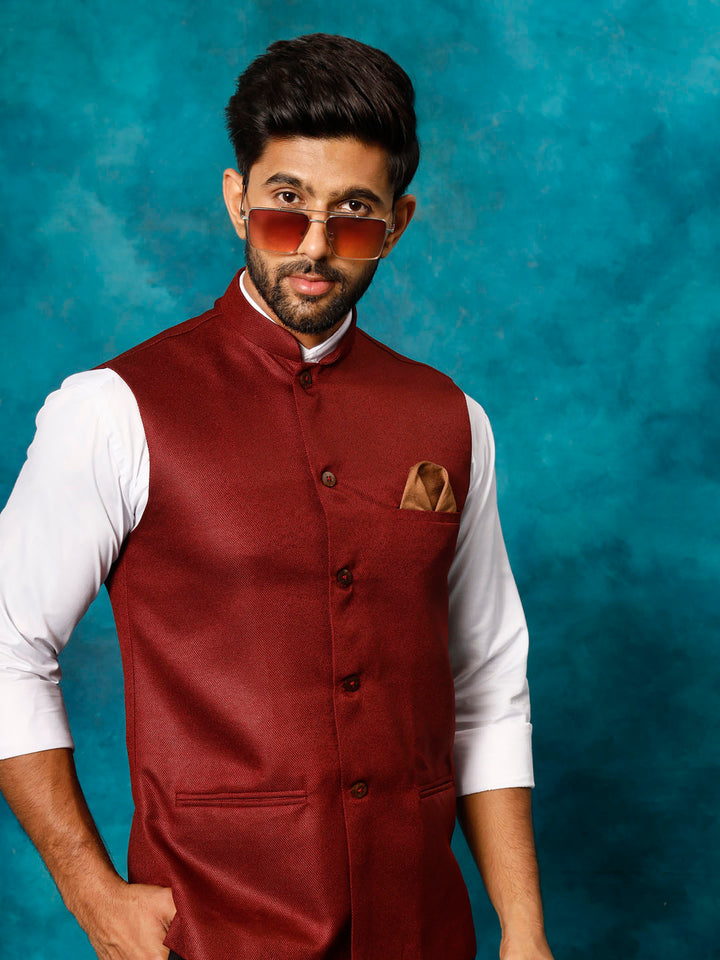 VM BY VASTRAMAY Men's Maroon Woven Nehru Jacket