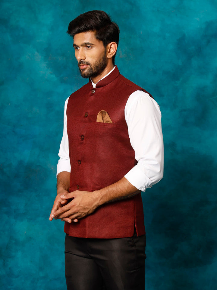  Close-up of the intricate woven pattern on VM BY VASTRAMAY Men's Maroon Nehru Jacket