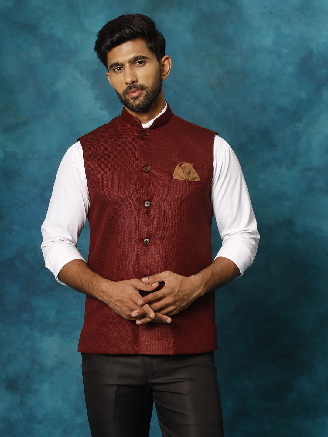  Side view of VM BY VASTRAMAY Men's Maroon Woven Nehru Jacket showing the tailored fit