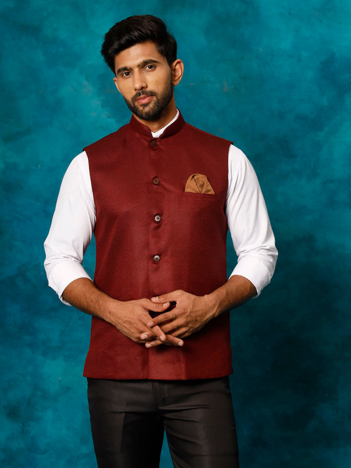  Side view of VM BY VASTRAMAY Men's Maroon Woven Nehru Jacket showing the tailored fit