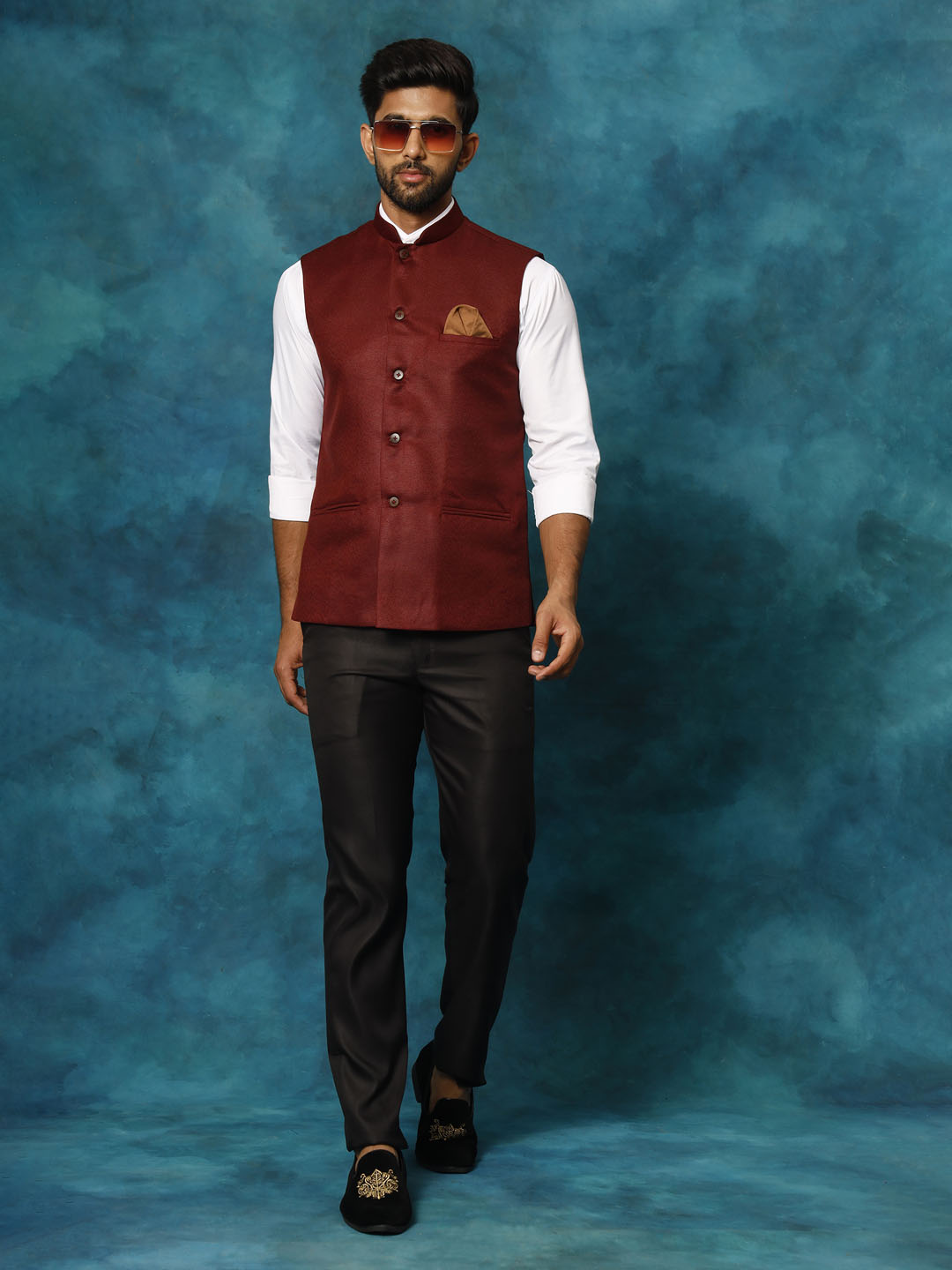  Detailed image of the buttoned placket and pocket of the VM BY VASTRAMAY Men's Nehru jacket