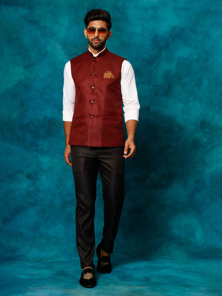 VM BY VASTRAMAY Men's Maroon Woven Nehru Jacket