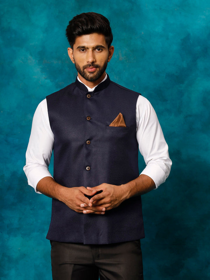 Front view of VM BY VASTRAMAY Men's Navy Blue Woven Nehru Jacket with mandarin collar and button closure