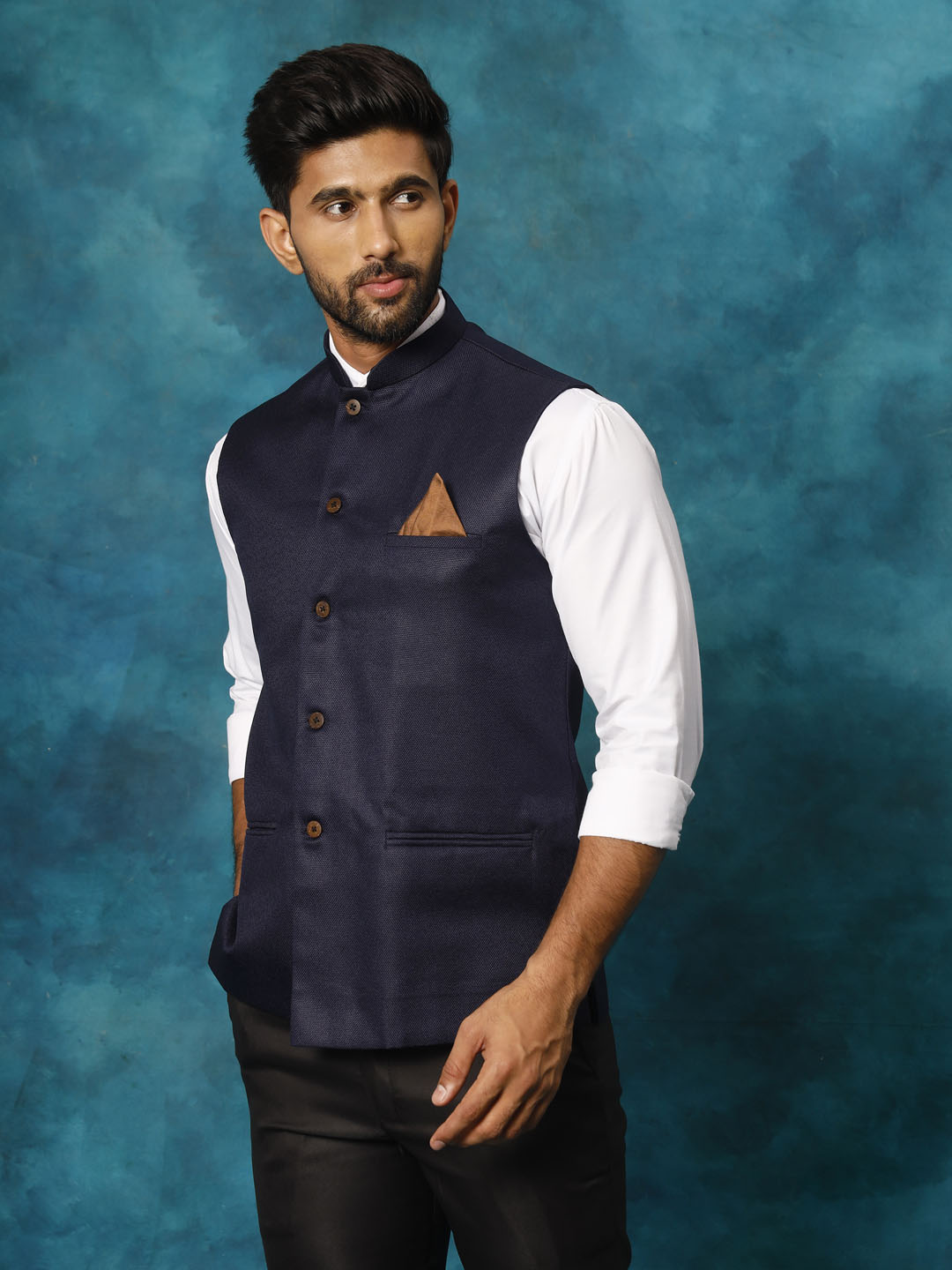 VM BY VASTRAMAY Men's Navy Blue Woven Nehru Jacket