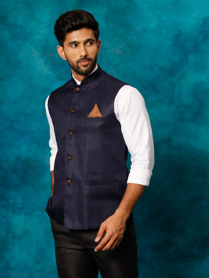  Close-up of the textured woven fabric of VM BY VASTRAMAY Men's Navy Blue Nehru Jacket