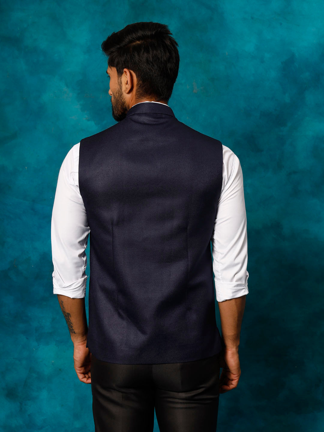 VM BY VASTRAMAY Men's Navy Blue Woven Nehru Jacket