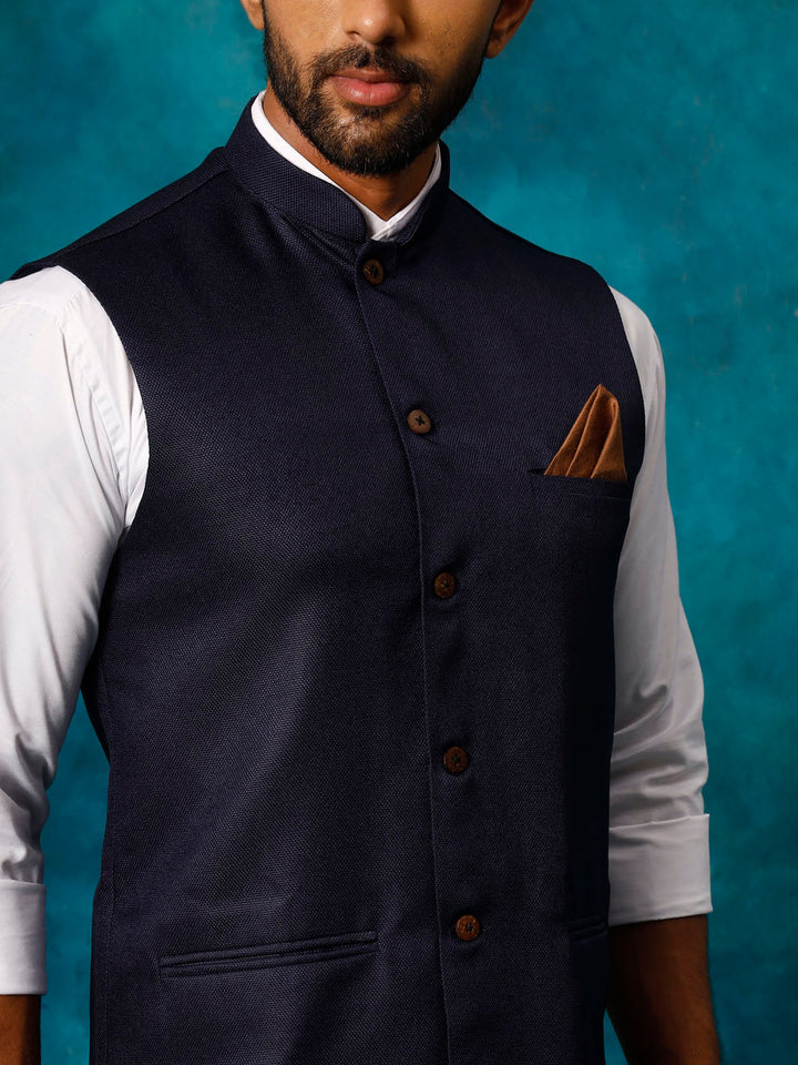  High-quality VM BY VASTRAMAY Men's Navy Blue Woven Nehru Jacket perfect for formal occasions