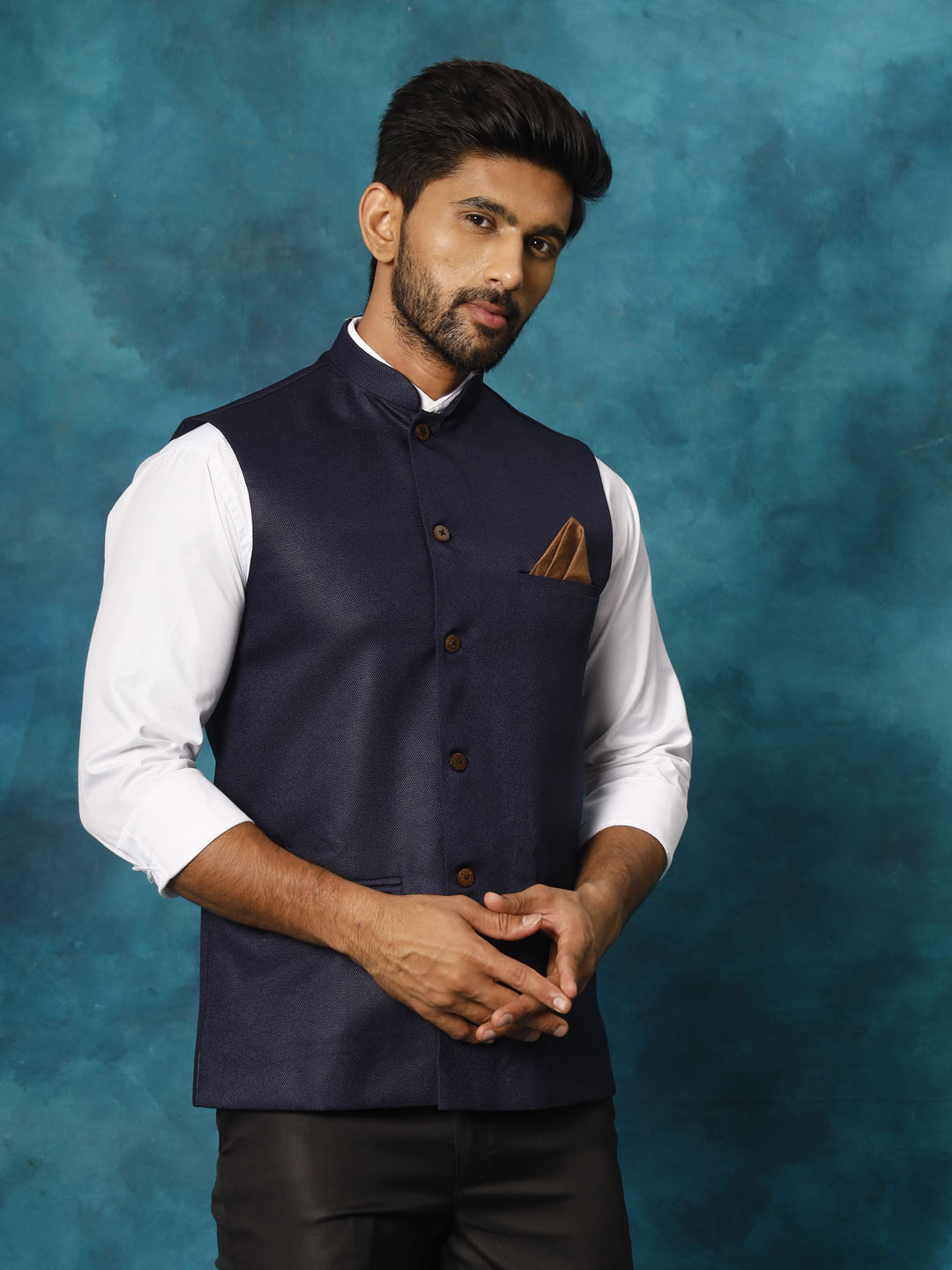  Close up of the intricate woven fabric of VM BY VASTRAMAY Men's Navy Blue Nehru Jacket