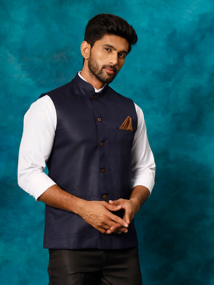 VM BY VASTRAMAY Men's Navy Blue Woven Nehru Jacket