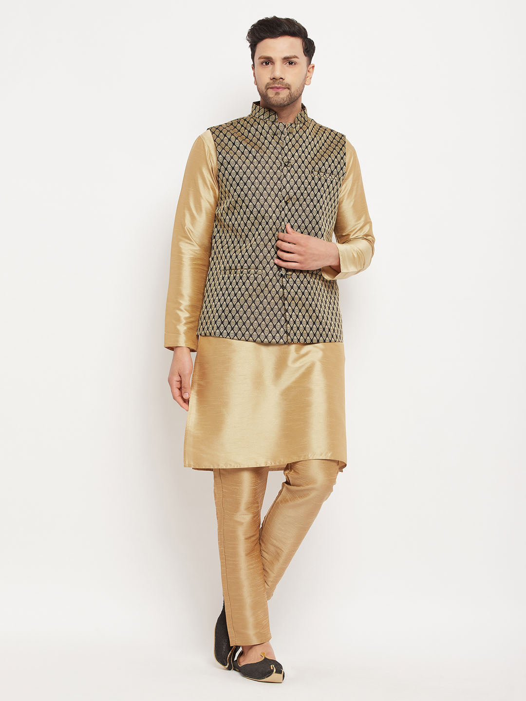 VM BY VASTRAMAY Men's Black Ethnic Jacket With Rose Gold Silk Blend Kurta and Pant Style Pyjama Set