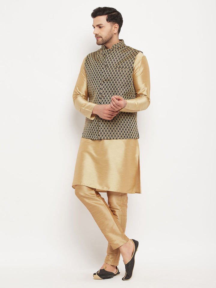 VM BY VASTRAMAY Men's Black Ethnic Jacket With Rose Gold Silk Blend Kurta and Pant Style Pyjama Set