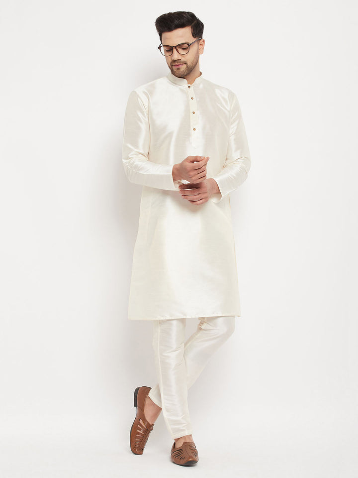 VM BY VASTRAMAY Men's Cream Cotton Silk Blend Kurta and Pant Style Pyjama Set