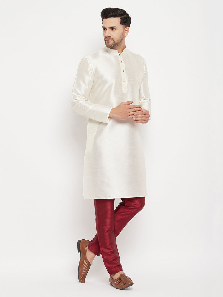 VM BY VASTRAMAY Men's Cream Cotton Silk Blend Kurta and Maroon Pant Style Pyjama Set