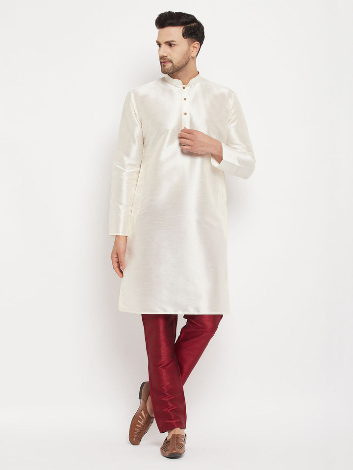 VM BY VASTRAMAY Men's Cream Cotton Silk Blend Kurta and Maroon Pant Style Pyjama Set