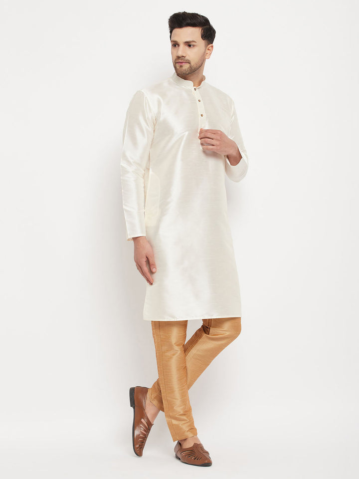 VM BY VASTRAMAY Men's Cream Cotton Silk Blend Kurta and Rose Gold Pant Style Pyjama Set outfit displayed on a mannequin