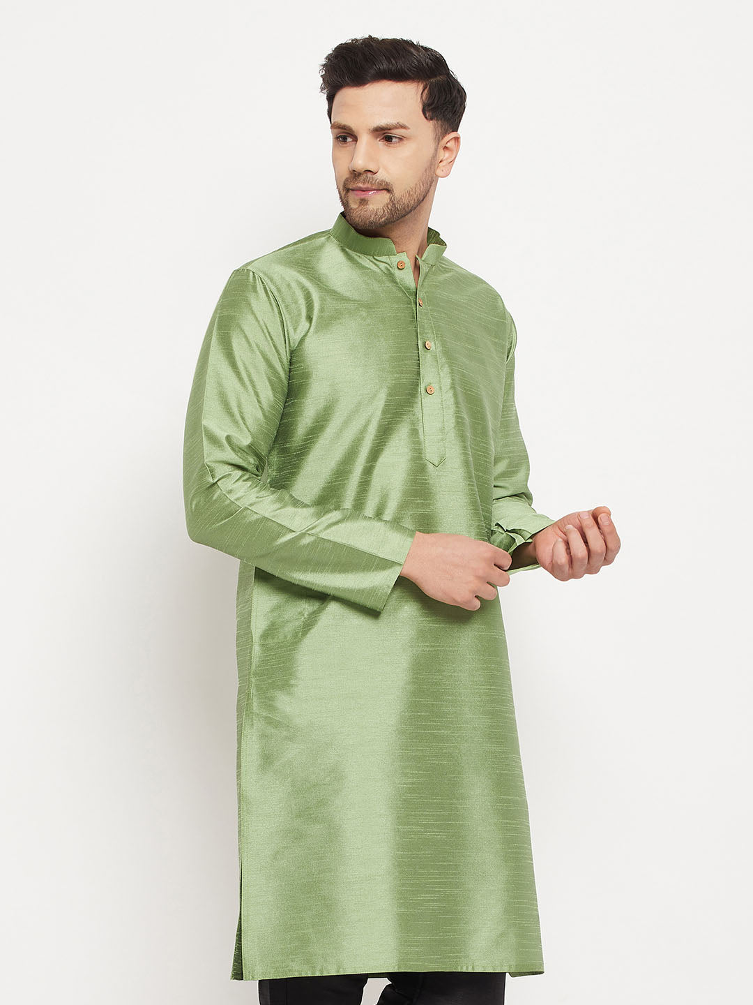 VM BY VASTRAMAY Men's Light Green Cotton Silk Blend Kurta