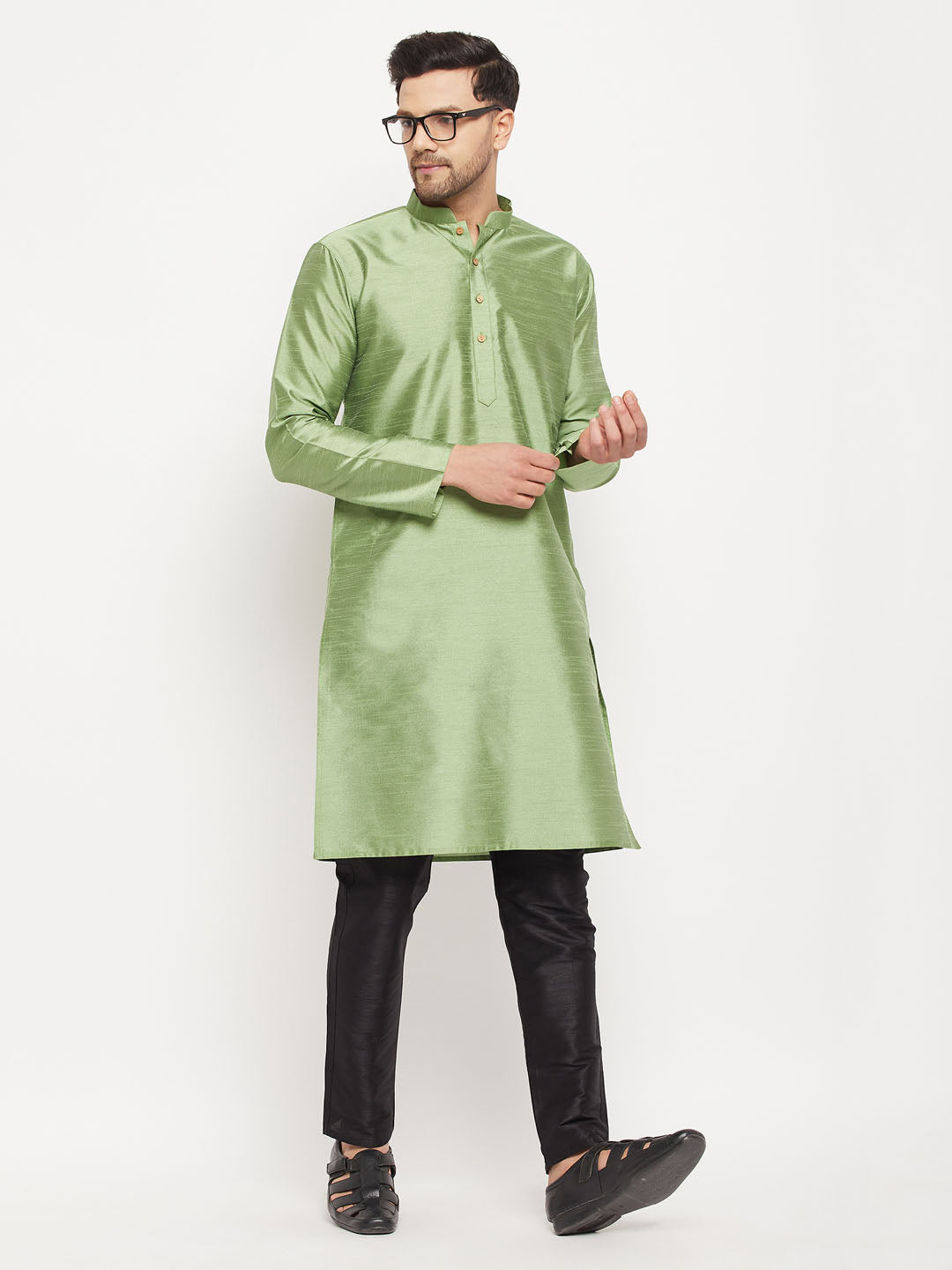 VM BY Men's Light Green Cotton Silk Blend Kurta and Black Pant Style Pyjama Set